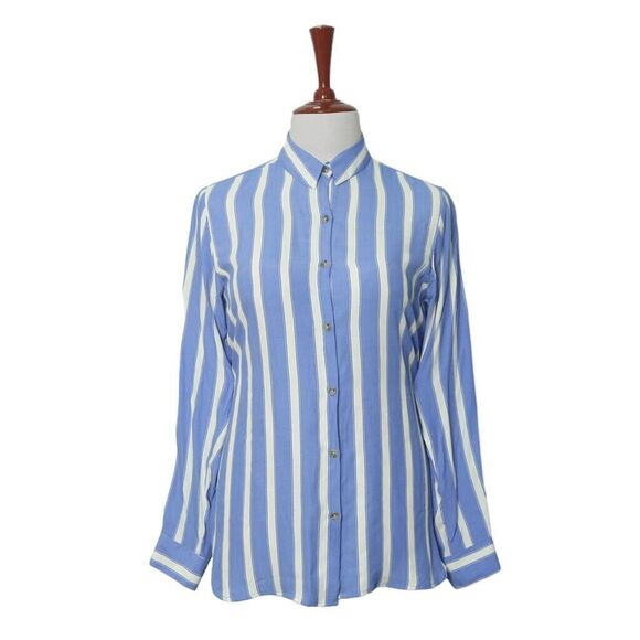 Womens Silky Shirt Button Up Blue White Striped Summer Lightweight Tunic Medium - Picture 1 of 7
